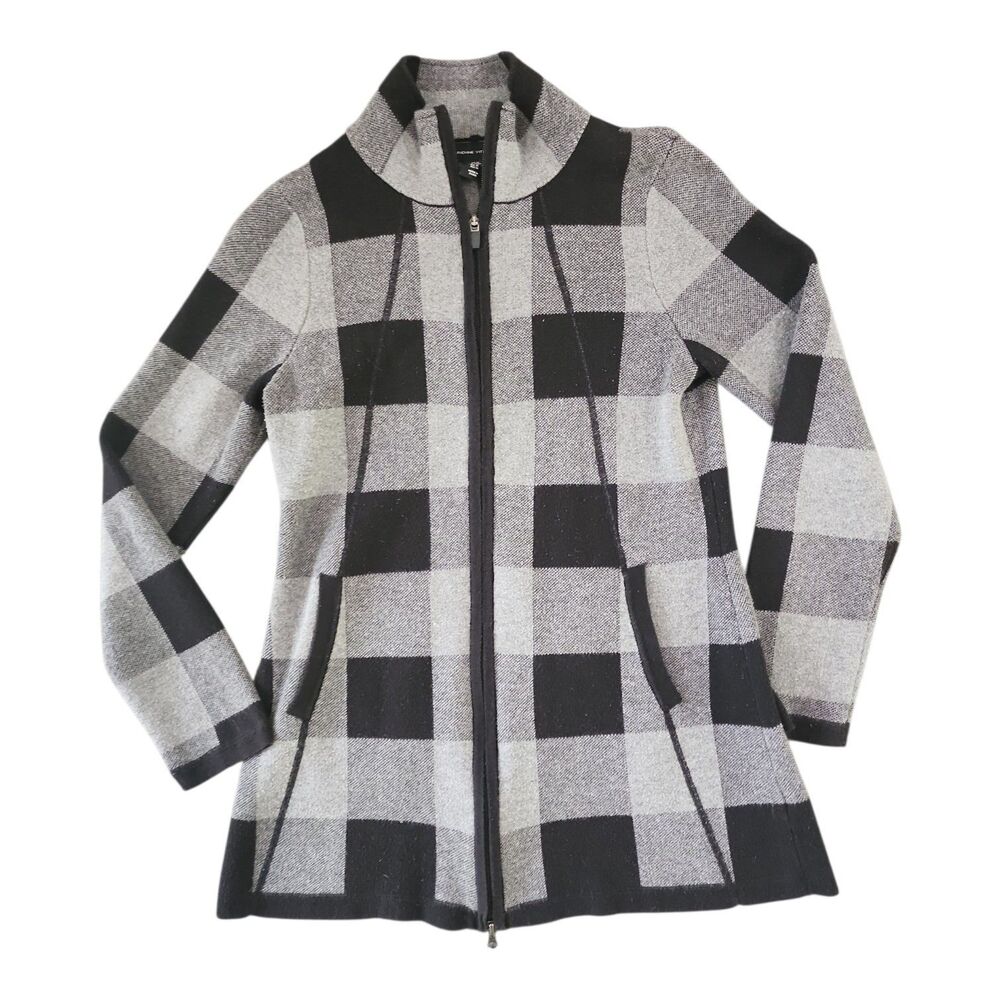 Adrienne Vittadini Sweater Womens Medium Plaid Buffalo Black Gray Cardigan